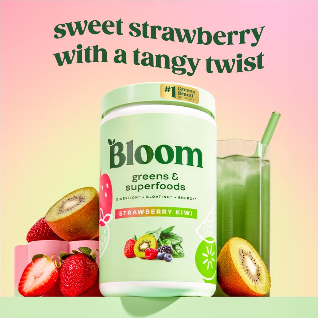 Bloom Nutrition Superfood Greens Powder, Digestive Enzymes with Probiotics and Prebiotics, Gut Health, Bloating Relief for Women, Chlorella, Green Juice Mix w Beet Root Powder, 60 SVG, Strawberry Kiwi