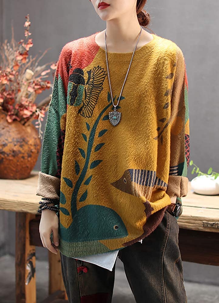 YESNO Women Christmas Sweater Graphic Printed Oversized Pullover Sweaters Casual Loose Knit Tops L S01 CR19