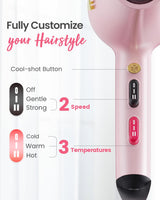 Dekuri Professional Ionic Hair Dryer AC Motor Fast Drying Salon Blow Dryer with Diffuser, Comb, Nozzle, Concentrator, for Curly and Straight Hair, 2 Speed & 3 Heat Setting, Cool Button, Pink