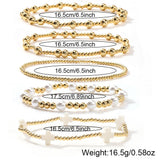 Dainty 14K Gold Beaded Cross Bracelet Stack for Women,Bohemian Stretch Pearl Gold Plated Ball Beads Non Tarnish Stackable Bracelets Set Fashion Prom Holiday Accessories Jewelry Gift Friendship