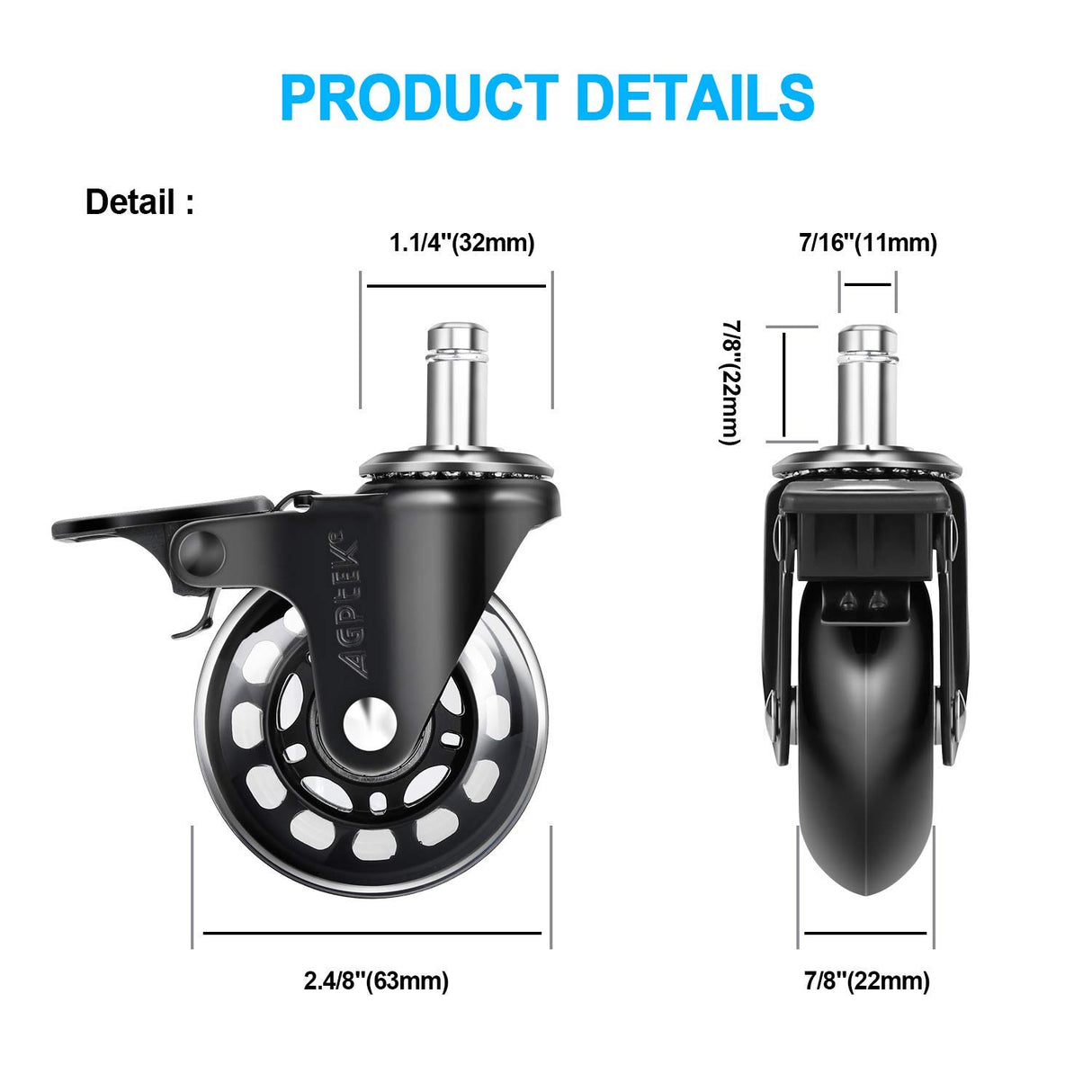 AGPtEK Office Chair Casters with Brake Heavy Duty 2.5" Universal Fit Locking Casters with Screwdriver, Safe Roller Wheel Replacement All with Brake System for Hardwood Floors Mat Carpet Tile, Set of 5