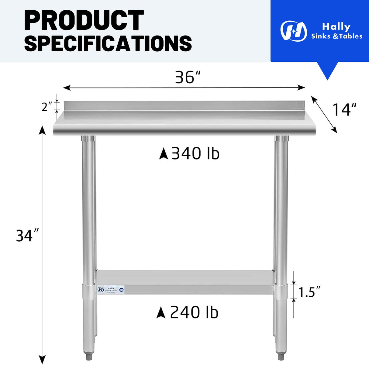 Hally Stainless Steel Table for Prep & Work 14 x 36 Inches, NSF Commercial Heavy Duty Table with Undershelf and Backsplash for Restaurant, Home and Hotel