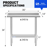 Hally Stainless Steel Table for Prep & Work 14 x 36 Inches, NSF Commercial Heavy Duty Table with Undershelf and Backsplash for Restaurant, Home and Hotel