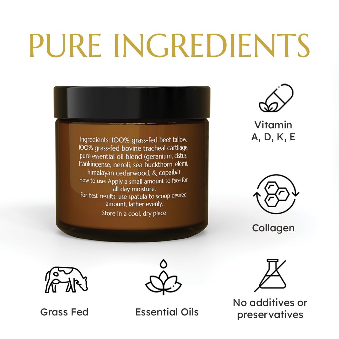Krowa Morning Face Balm - Clean Grass Fed Tallow Balm w/Essential Oils + Collagen Peptides - Nourishing, Soothing, Hydrating and Adds Vitality to Skin. Deeply Renews. No Phthalates or Preservatives.