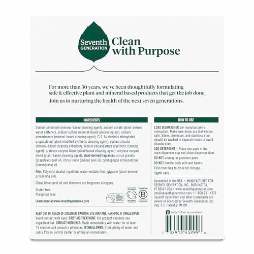 Seventh Generation Dishwasher Detergent Packs Lemon scent 2 Pack for sparkling dishes Dishwasher tabs 45 count