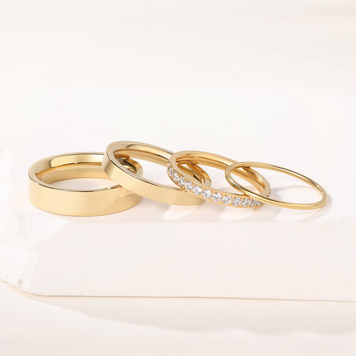 YIKOXI 4 Pcs 14k Gold Filled Rings for Women Non Tarnish Wedding Bands Stacking Rings for Women Titanium Steel CZ Simulated Diamond Knuckle Ring Set (4pcs Gold Rings, 7)