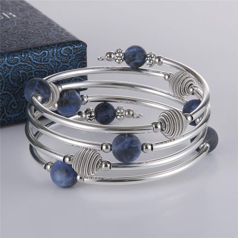 PEARL&CLUB Beaded Chakra Bangle Turquoise Bracelet - Fashion Jewelry Wrap Bracelet with Thick Silver Metal and Mala Beads, Birthday Gifts For Women(63-Navy Blue)