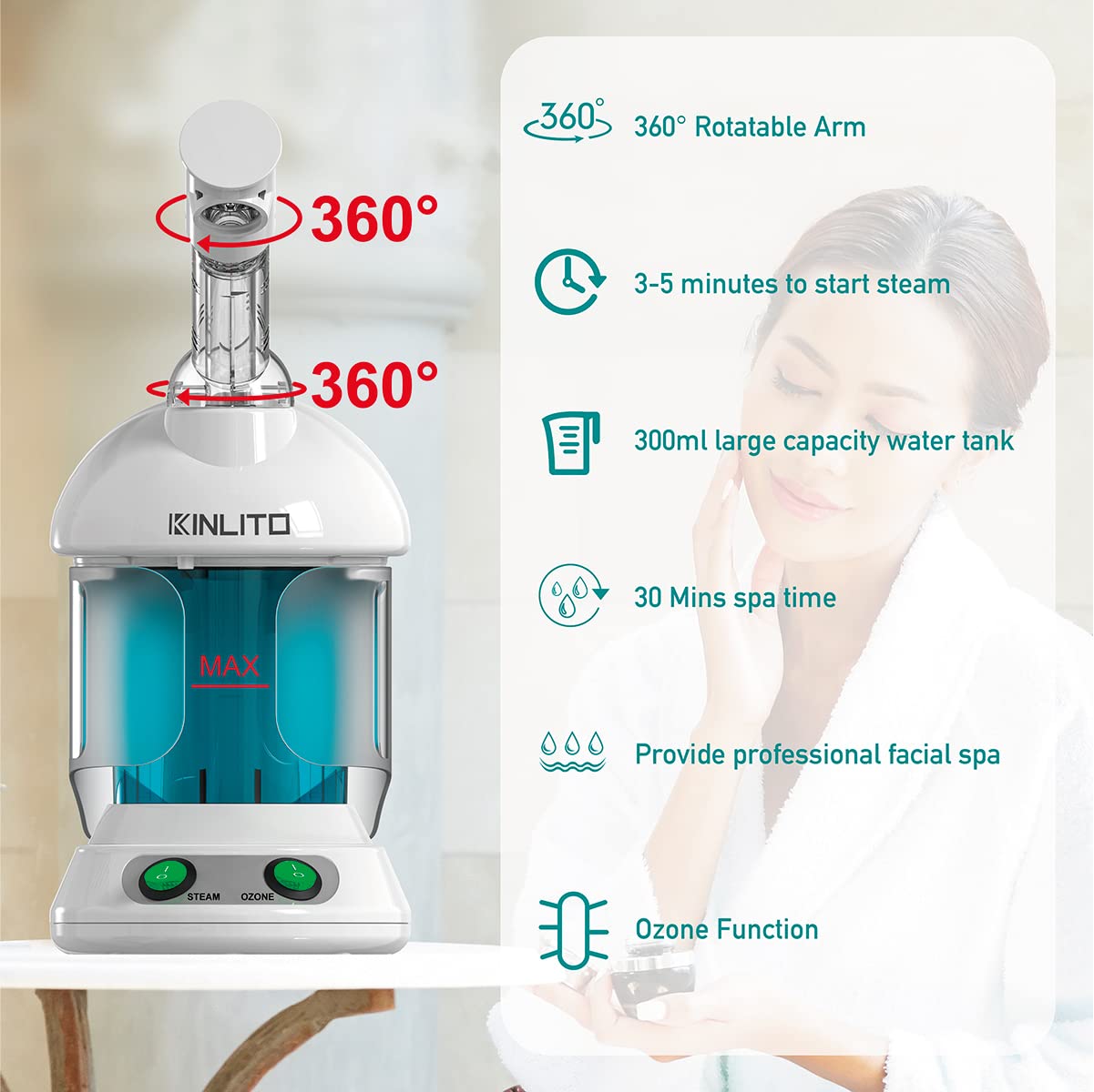 KINLITO Facial Steamer - Ozone Steamer with 360° Rotatable Arm - 40 Min Steam Time - Humidifier - Unclogs Pores - Blackheads - Portable Facial Steamer for Personal Care Use at Home or Salon,White