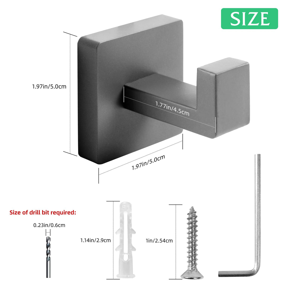Fenas Heavy Duty Stainless Steel Towel Hooks, Wall Mounted Square Robe Hooks for Bathroom, Kitchen, Bedroom, Hotel 2 Pack Grey