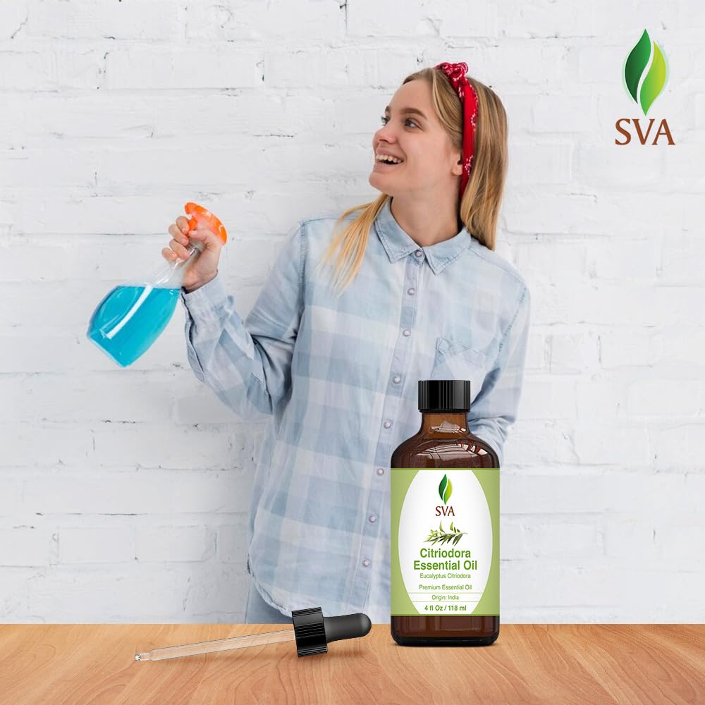 SVA Lemon Eucalyptus Essential Oil – 4 Fl Oz – 100% Natural Citriodora Oil - for Diffuser, Hair Care, Face, Skin Care, Aromatherapy, Scalp and Body Massage, Soap and Candle Making – with Dropper