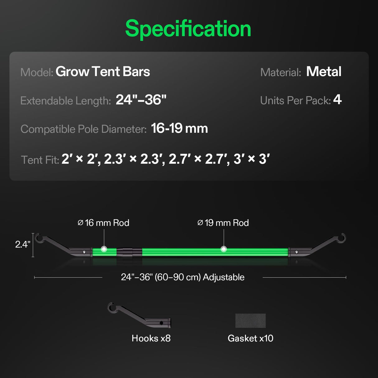 VIVOSUN Grow Tent High CFM Kit, Heavy-Duty Mounting Bars, High Airflow Support Pole Kit 24"-36" Adjustable, Suitable for 2’×2’, 2.3’×2.3’, 2.7’×2.7’, and 3’×3’ Tents, 4-Pack