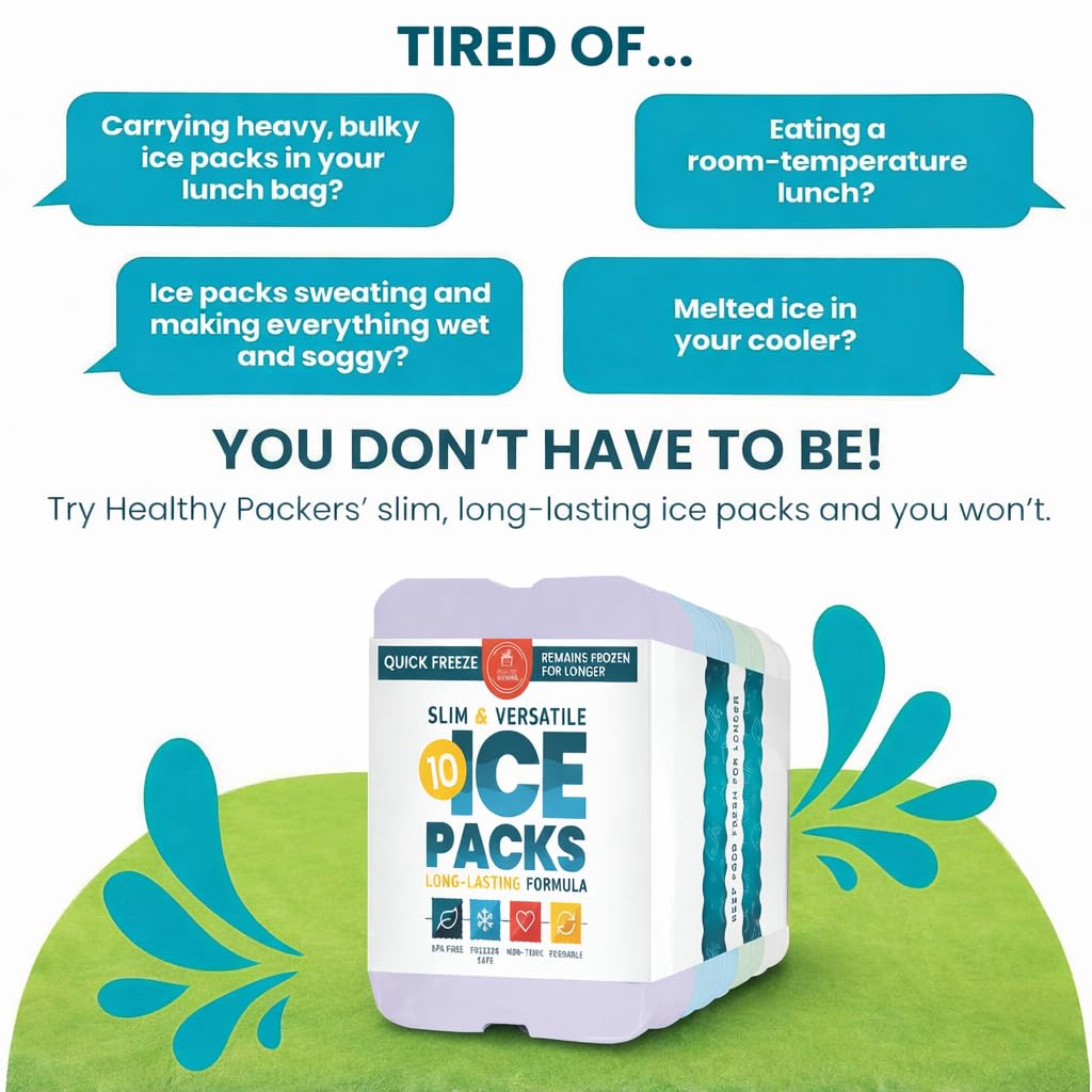 Healthy Packers Ice Packs for Lunch Boxes & Coolers - Freezer Packs - Original Cool Pack | Cooler Accessories for Beach, Camping & Fishing | Slim & Long-Lasting Reusable Ice Pack for Cooler