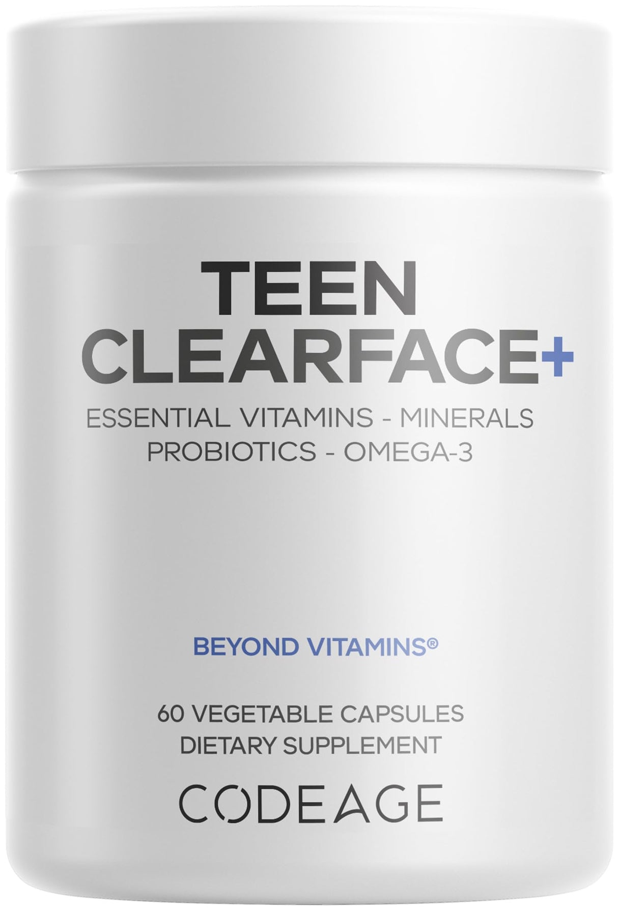Codeage Teen Clearface Adolescent Face, Skin & Pimples, Vitamins A, C, D3, E, Pantothenic Acid, Niacin, Zinc Supplement Teenagers, Probiotics, L-Lysine, Omega-3, Oily Skin, Pores, Spots - 60 Capsules