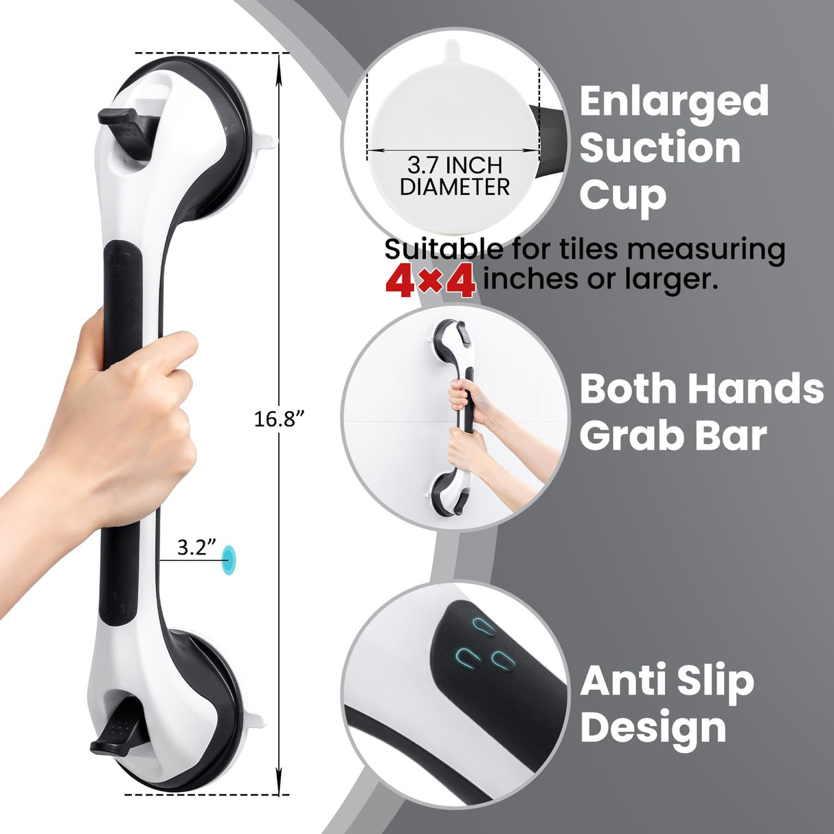 TAILI Shower Grab Bar 2 Pack Suction Grab Bars for Bathtubs and Showers, Heavy Duty Shower Handle Removable Shower Handrails for Seniors and Elderly, Bathroom Safety Grip No Drilling Waterproof, Black