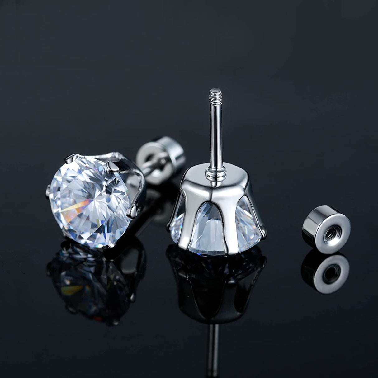 6 Pairs Screw Back Titanium Surgical Stainless Steel Round Square Princess Cut CZ Earrings For Women Men Hypoallergenic Cubic Zirconia Earrings (White Gold Plated)