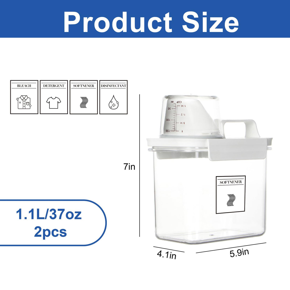 Laundry Detergent Dispenser, Liquid Laundry Container & Powder Soap Dispenser, 2 Pack Plastic Laundry Storage for Laundry Room Organization, Fabric Softener Dispenser (1.1L)