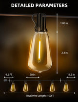 VOZUJI Outdoor Patio String Lights: 150Ft 45M Outside Waterproof Light - Remote Dimmable ST38 Shatterproof Bulb Connectable Hanging Outdoor Electric Lighting - Backyard Yard Gazebo Porch Party