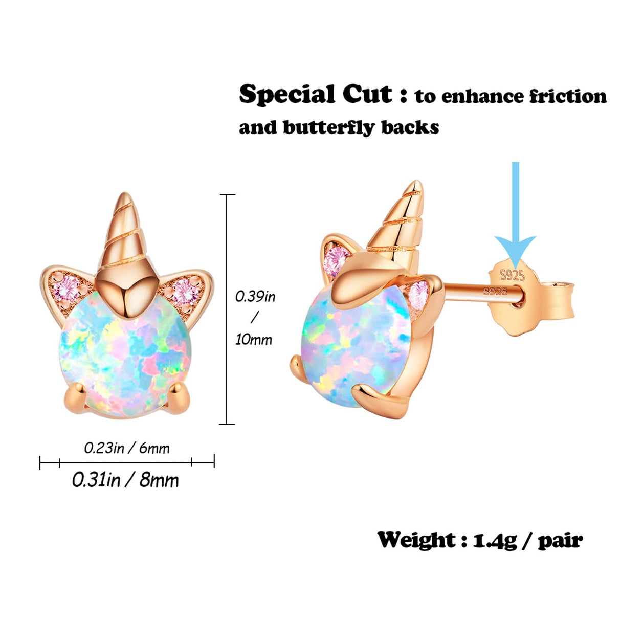 Rose Gold Plated Unicorn Earrings, 14K Hypoallergenic Earrings for Kids ARSKRO S925 Sterling Silver Post Cute Tiny Small Fire Opal Stud Jewelry Gifts for Little Teen Girl Sensitive Ears