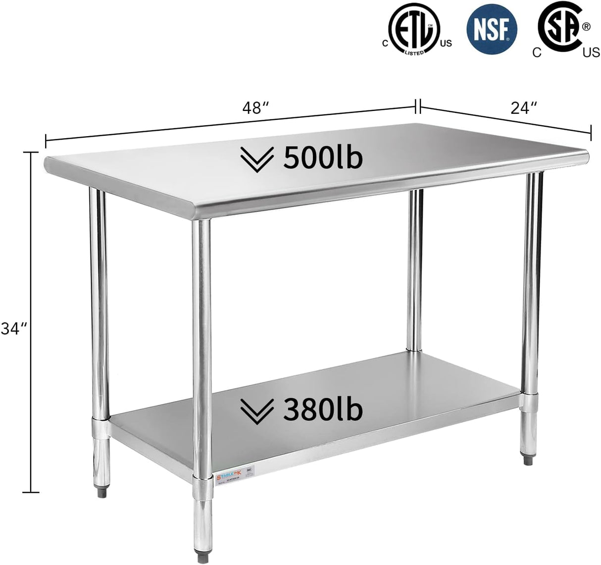 STABLEINK NSF Stainless Steel Prep Table 48 x 24 Inches Metal Work Table with Adjustable Undershelf for Commercial Kitchen, Restaurant, Hotel and Garage