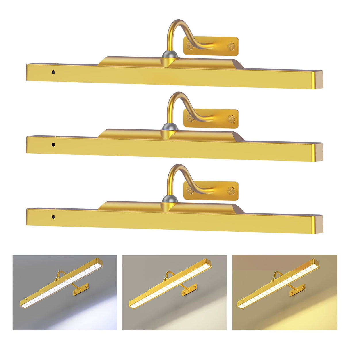 Picture Light 3Pack- 16in Picture Lights for Wall, 5000mAh Wireless Rechargeable Battery Picture Lights, Wall Light, Art Display Light for Gallery Artwork, Paintings, Portraits, Dartboards- Gold