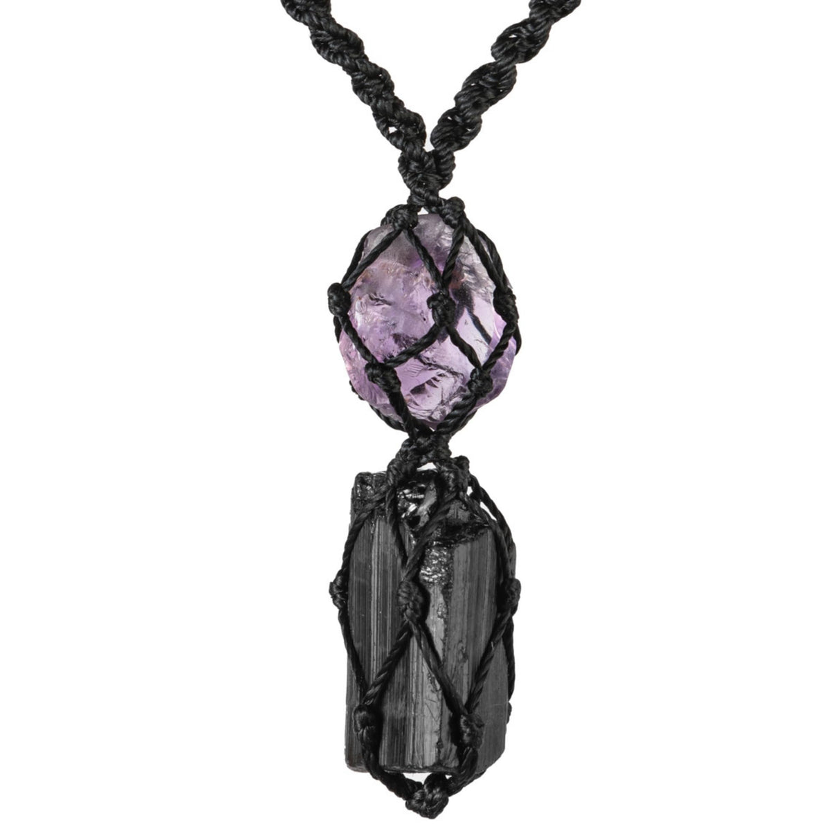 Handmade Raw Black Tourmaline & Amethyst Necklace – Macramé Crystal Pendant for Spiritual Balance, Grounding & Everyday Energy Gift for Men, Women