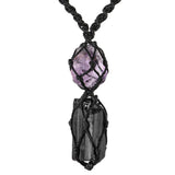 Handmade Raw Black Tourmaline & Amethyst Necklace – Macramé Crystal Pendant for Spiritual Balance, Grounding & Everyday Energy Gift for Men, Women