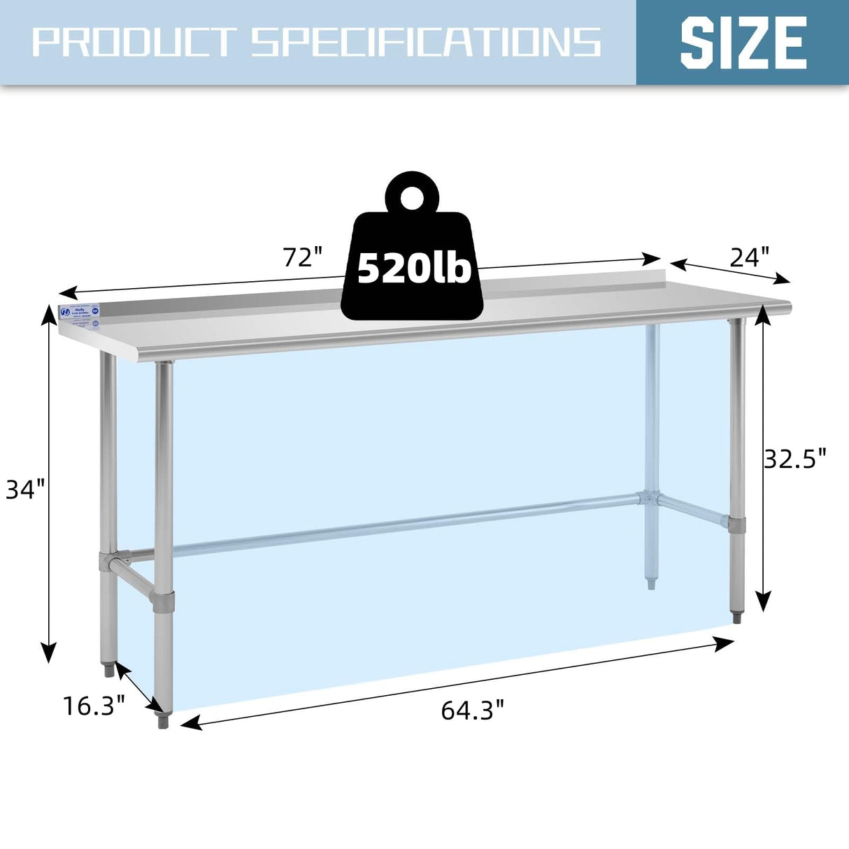 Hally Open Base Stainless Steel Table 24 x 72 Inches, NSF Commercial Heavy Duty Prep & Work Table with Backplash and Galvanized Legs for Restaurant, Home and Hotel