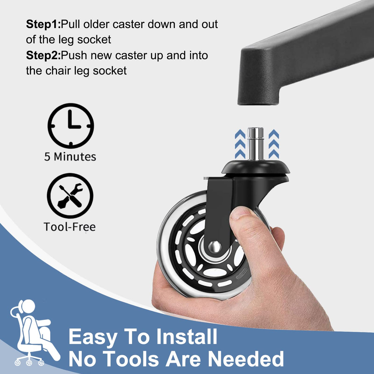 Huracan Office Chair Wheels, Set of 5, Replacement Rubber Chair Caster Wheels for Hardwood Floor, NOT Compatible for IKEA, Computer Desk Chair Wheels, Heavy Duty Office Chair Casters