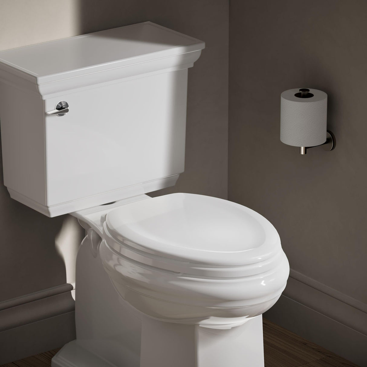 KOHLER Stonewood Quiet-Close, Elongated Toilet Seat Soft Close, Durable Wood, Easy Installation, Universal Fit, Home Essentials, White Finish, K-20466-0