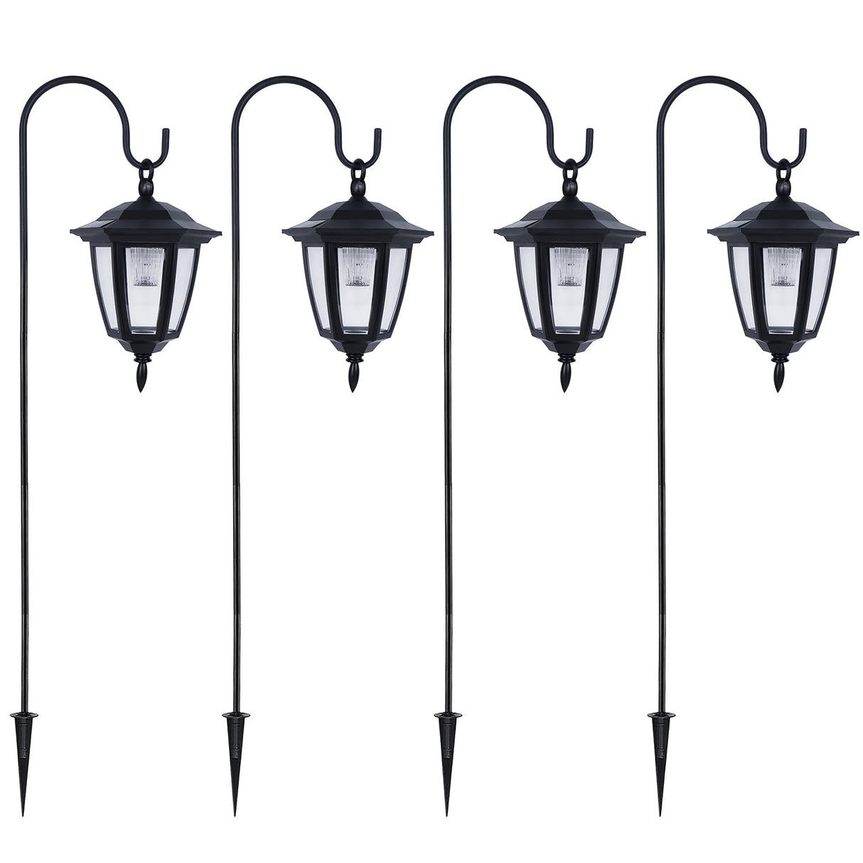 Dynaming 4 Pack Solar Hanging Lights Outdoor, Solar Powered Garden Decorative Lanterns with 4 x 38 Inch Shepherd Hooks, Waterproof Landscape Lighting for Lawn Patio Yard Pathway Driveway, Warm White