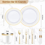 BESTVIP 175PCS Gold Plastic Dinnerware Set, Disposable Party Plates for 25 Guests, Include: 50 Plastic Plates, 25 Pre Rolled Napkins with Gold Silverware, 25 Cups for Christmas, Halloween