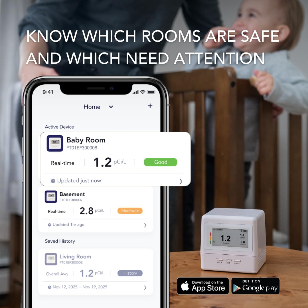 Ecosense EcoQube Flex Smart Radon Detector - Battery Powered Continuous Radon Monitor for Home Use with Always-On Display, Bluetooth App, Daily, Weekly, Monthly & Yearly Fluctuations on App