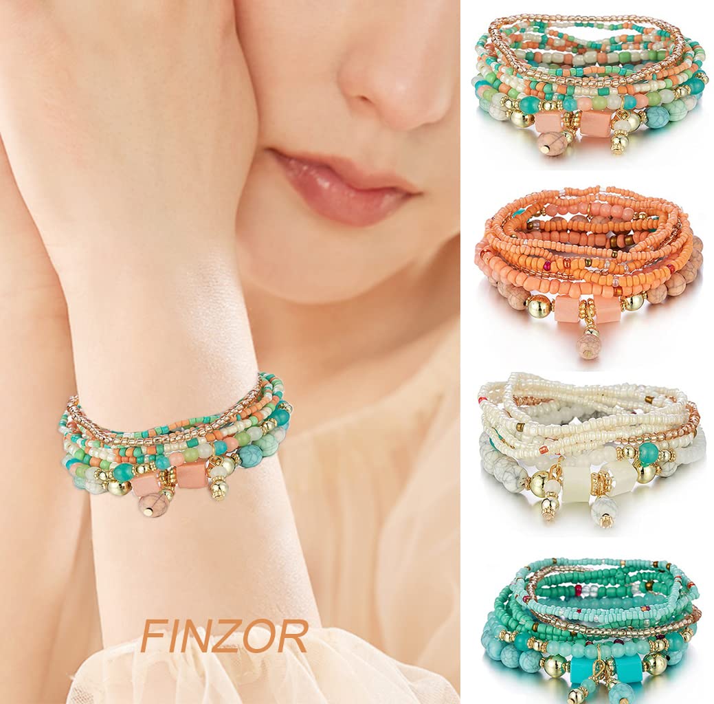 FINZOR 8 Sets Bohemian Stackable Bead Bracelets for Women Bohemian Bracelets Stretch Multi Layered beads Bracelet Set Boho Multicolor