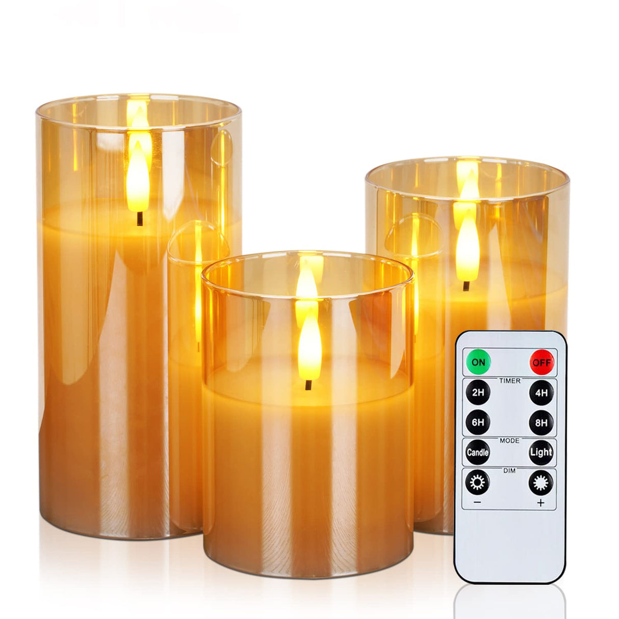 Amagic Gold Glass Flameless Candles Battery Operated with Timer, Remote Control, Flickering LED Fake Pillar Candles for Fall Decoration, Christmas Thanksgiving Decor, Amber, Set of 3