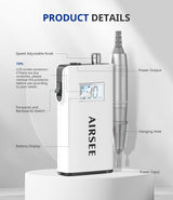 AIRSEE Rechargeable 30000RPM Electric Nail Drill Professional Portable E File Machine for Acrylic Nail Natural Extension Gel Nails Polish Cuticle, Cordless High Speed for Salon Home Use E8 White