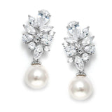 Mariell Pearl Drop & Dangle Bridal Earrings with CZ Crystal Cluster, Statement Jewelry for Bride, Mother of the Bride