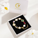 Gold Clover Charm Link Bracelet for Women Cute Colorful Geometric Diamond Mother of Pearl Lucky Four Leaf Clover Bracelet Enamel Crystal Rhinestone Statement Bracelet Adjustable Party Jewelry Gift