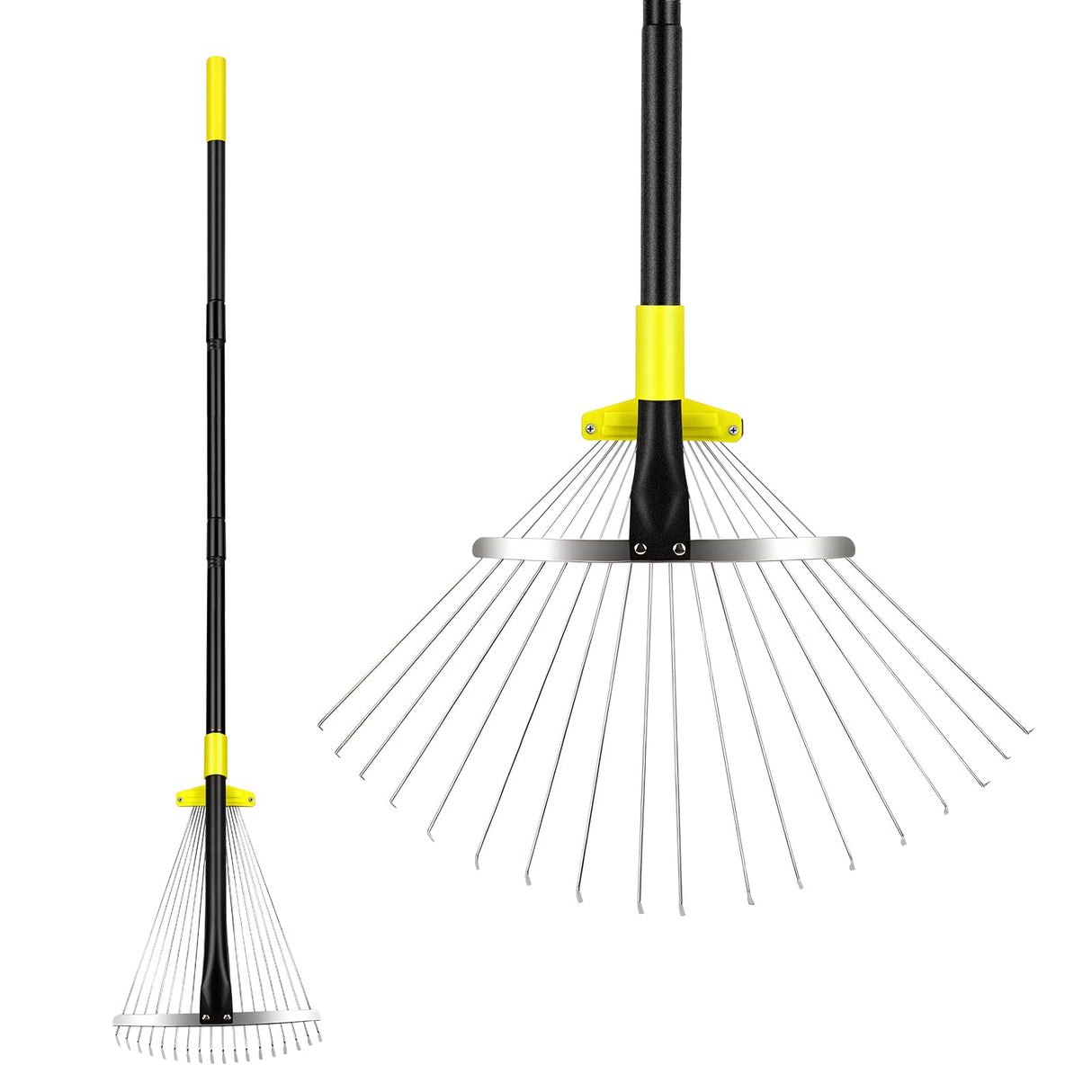 Byhargen Adjustable Metal Leaf Rake, Heavy Duty Garden Rake with Wide & Narrow Modes, Rustproof Steel Head, Adjustable Handle for Lawn Care, Yard Clean Up, and Mulch Spreading