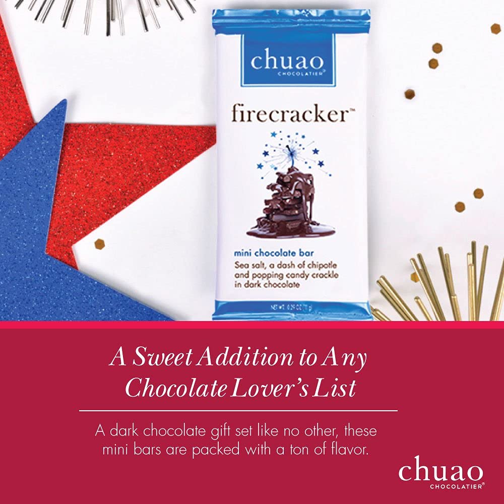 Chuao Chocolatier Firecracker Dark Chocolate Mini Bars | Gourmet Sea Salt Chipotle Popping Candies No Preservatives | For Gift Baskets, Christmas, Birthday, Care Package | 24 Pack