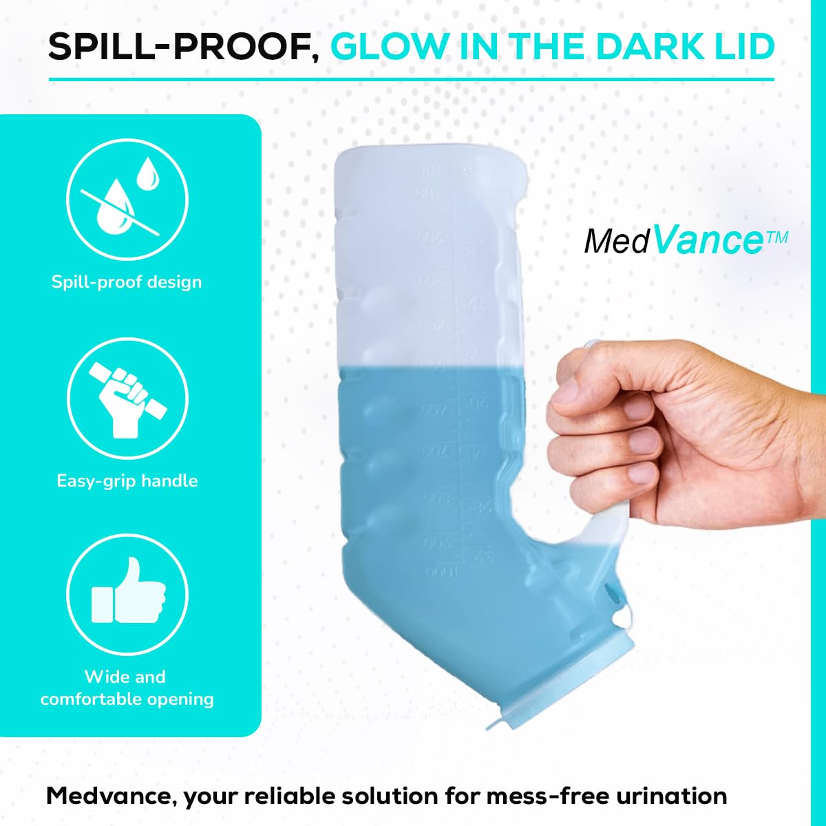 MedVance- Urinals for Men 1000ml with Glow in The Dark Spill Proof Pop Cap Lid, Plastic Pee Bottles for Men, Male Urinals, Pee Container Men, Portable Urinal for Car, Elderly & Incontinence (8 Pack)