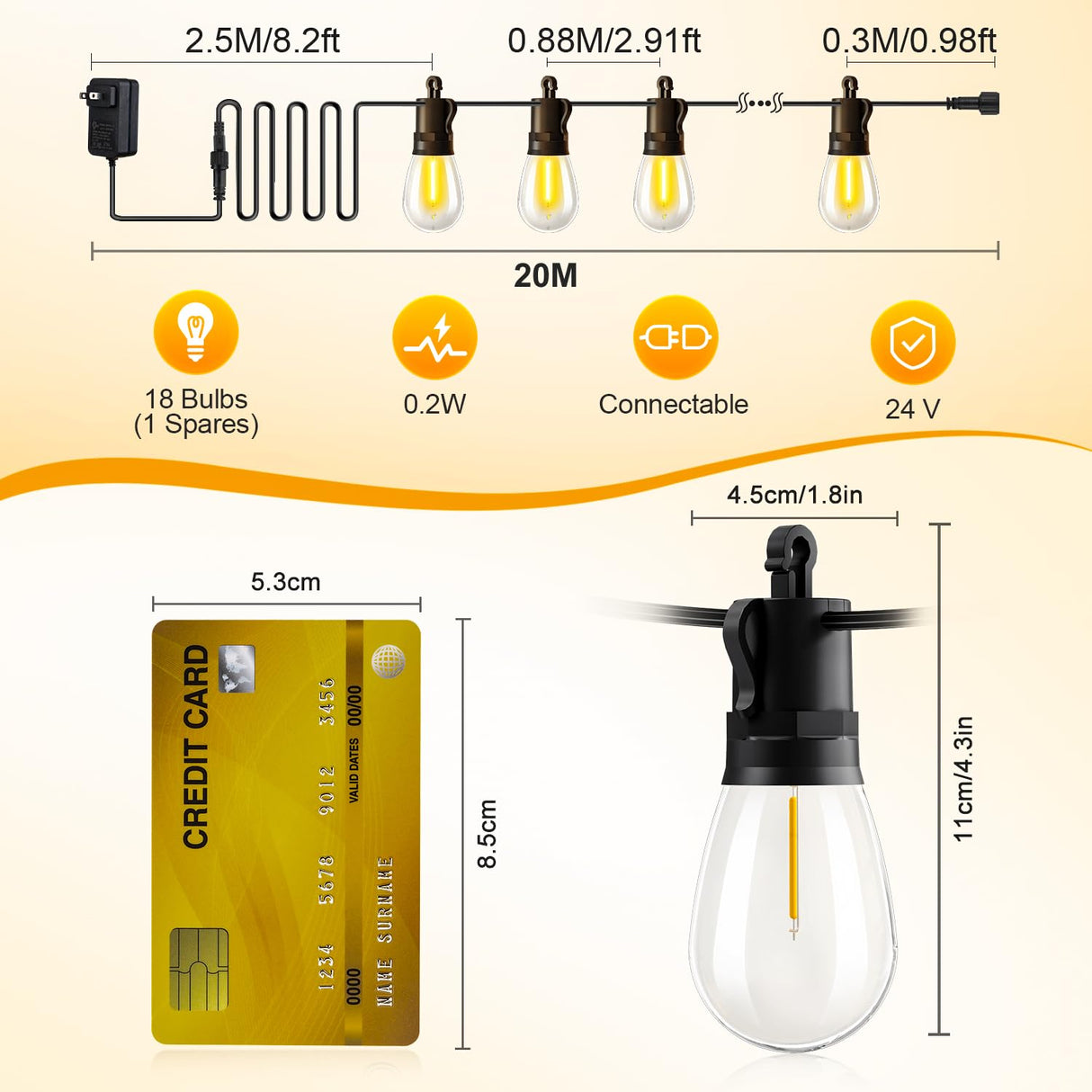 TBOSW Outdoor String Lights Patio LED Light Outside - 20M 18+1 S14 LED with Remote Control 65ft Porch Lighting IP65 Waterproof