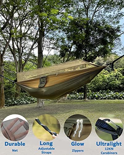 Sunyear Camping Hammock, Portable Single & Double Hammock with Net, 2 Person Hammock Tent with 2 * 10ft Straps, Best for Outdoor Hiking Survival Travel