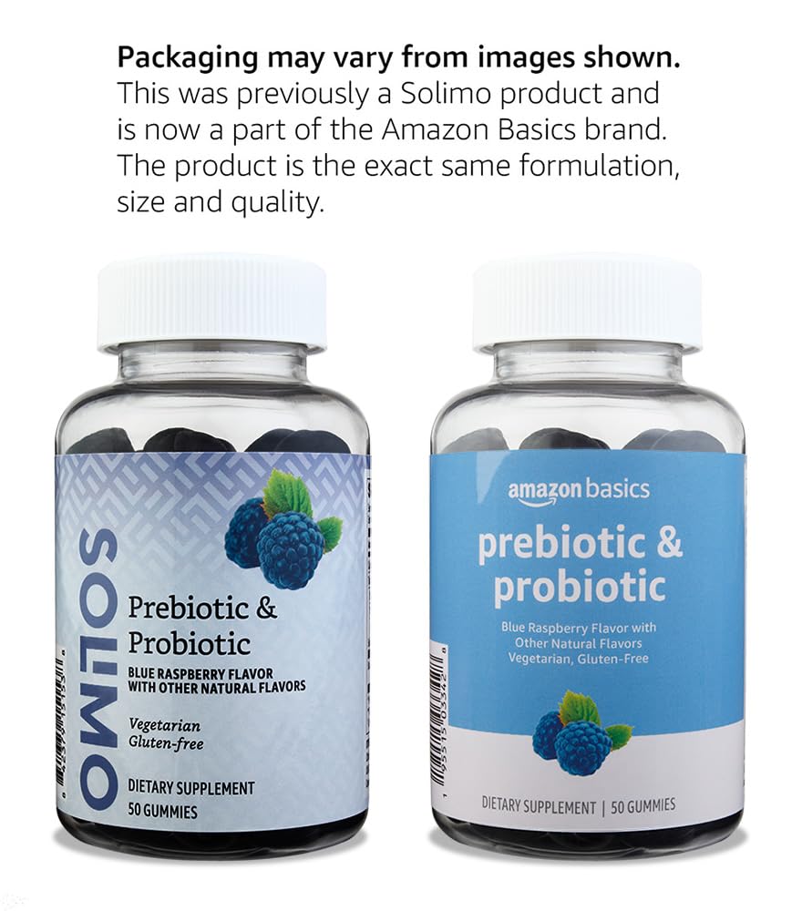 Amazon Basics Prebiotic & Probiotic Gummies, 2 Billion CFU, Blue Raspberry, 50 Count (Previously Solimo) (Pack of 2)