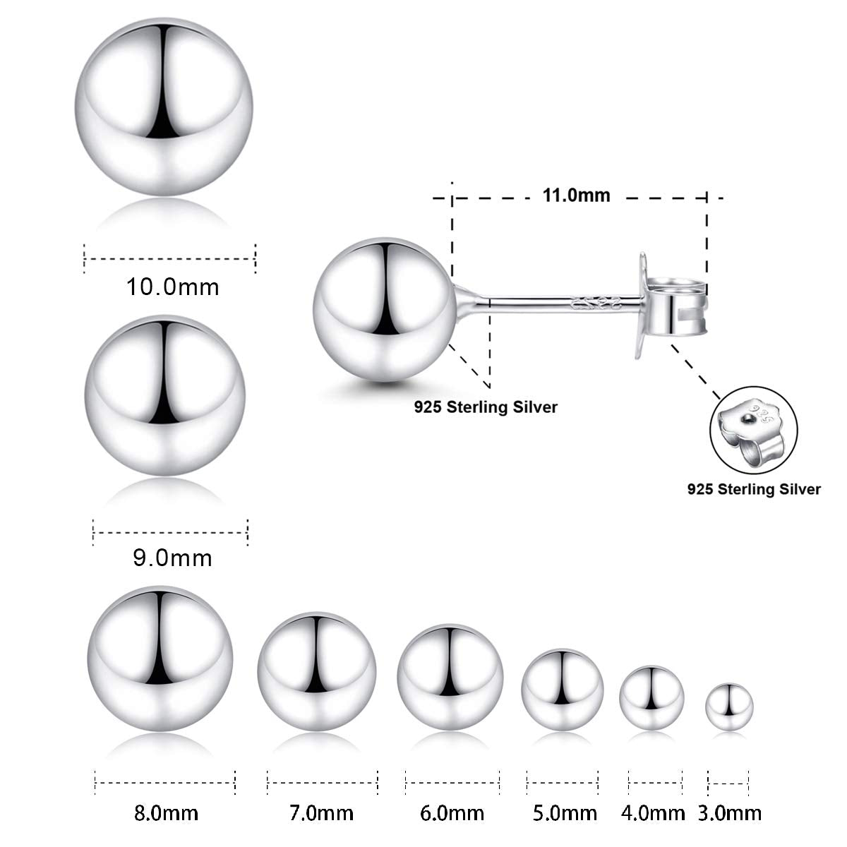 CUTEFEEL 18K White Gold Plated Sterling Silver Ball Stud Earrings(9mm)
