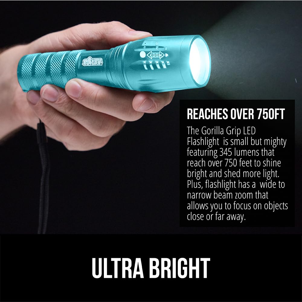 GORILLA GRIP Powerful LED Tactical Flashlight, 750 FT High Lumens 5 Adjustable Modes, Water Resistant, Ultra Bright Flashlights, Small Mini Flash Light, Camping, Night Dog Walking, 2 Pack Turquoise
