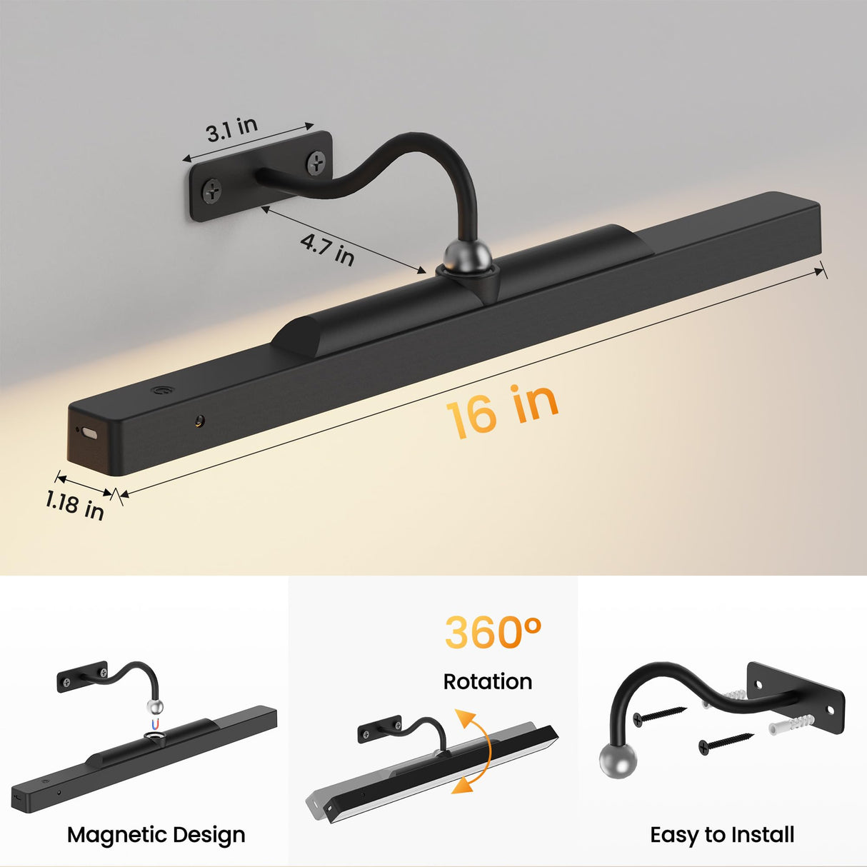 Craftersmark Dimmable Cordless Picture Light for Wall 16in, 5000mAh Rechargeable Battery Wall Sconce Art Light, CRI 95+ 350LM Wall Light for Gallery Artwork, Paintings, Photo,Portraits - Black
