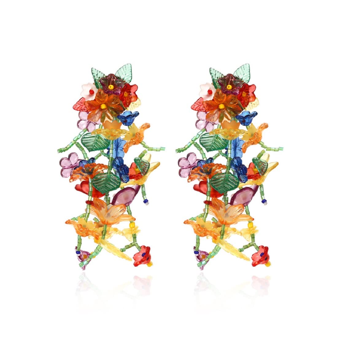 Hypoallergenic Rainbow Flower Floral Statement Dangle Earrings - Colorful Tassel, Beaded Leaf Cluster Drop Earrings