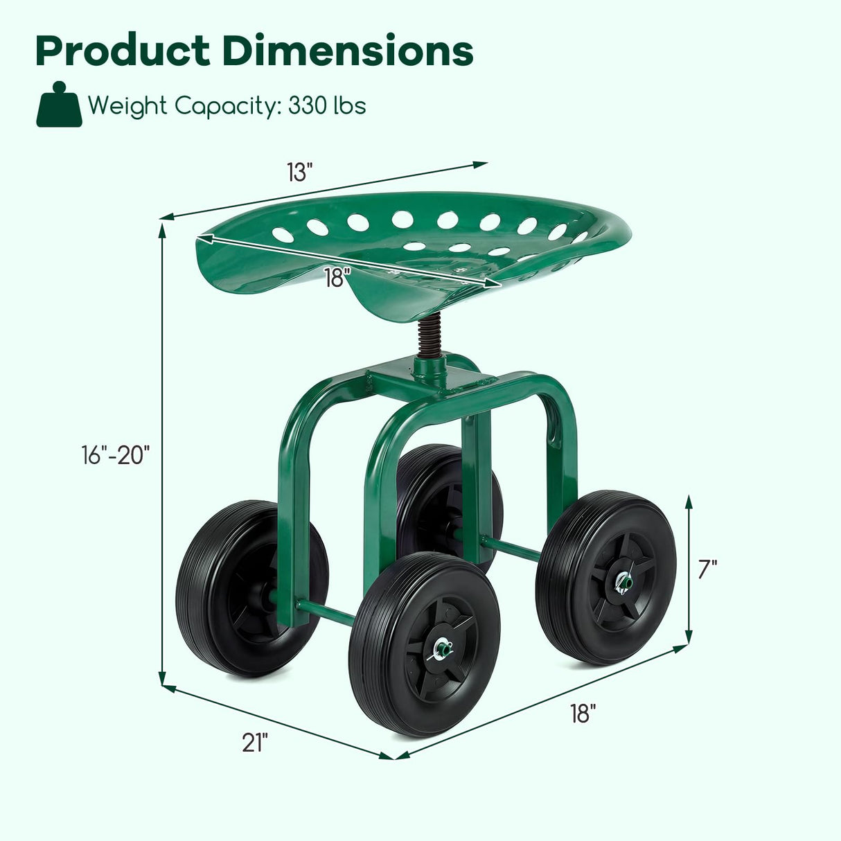 Goplus Garden Cart with Wheels, Utility Stool Cart w/Adjustable 360 Degree Swivel Seat, Outdoor Lawn Yard Rolling Work Seat, Garden Scooter for Planting (Green)