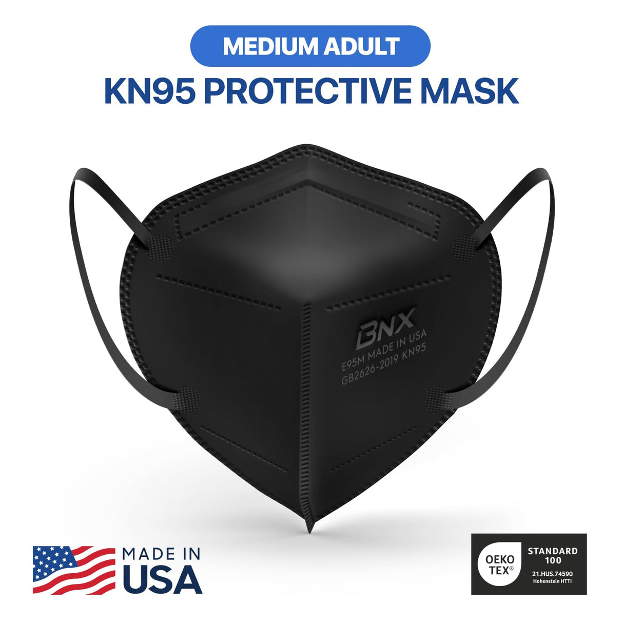 AccuMed BNX KN95 Face Mask Made in USA, KN95 Mask Disposable Particulate Protective Mask, GB2626-2019, Protection Against Dust, Pollen and Haze (20 pcs) (Earloop) (Model: E95M) Black