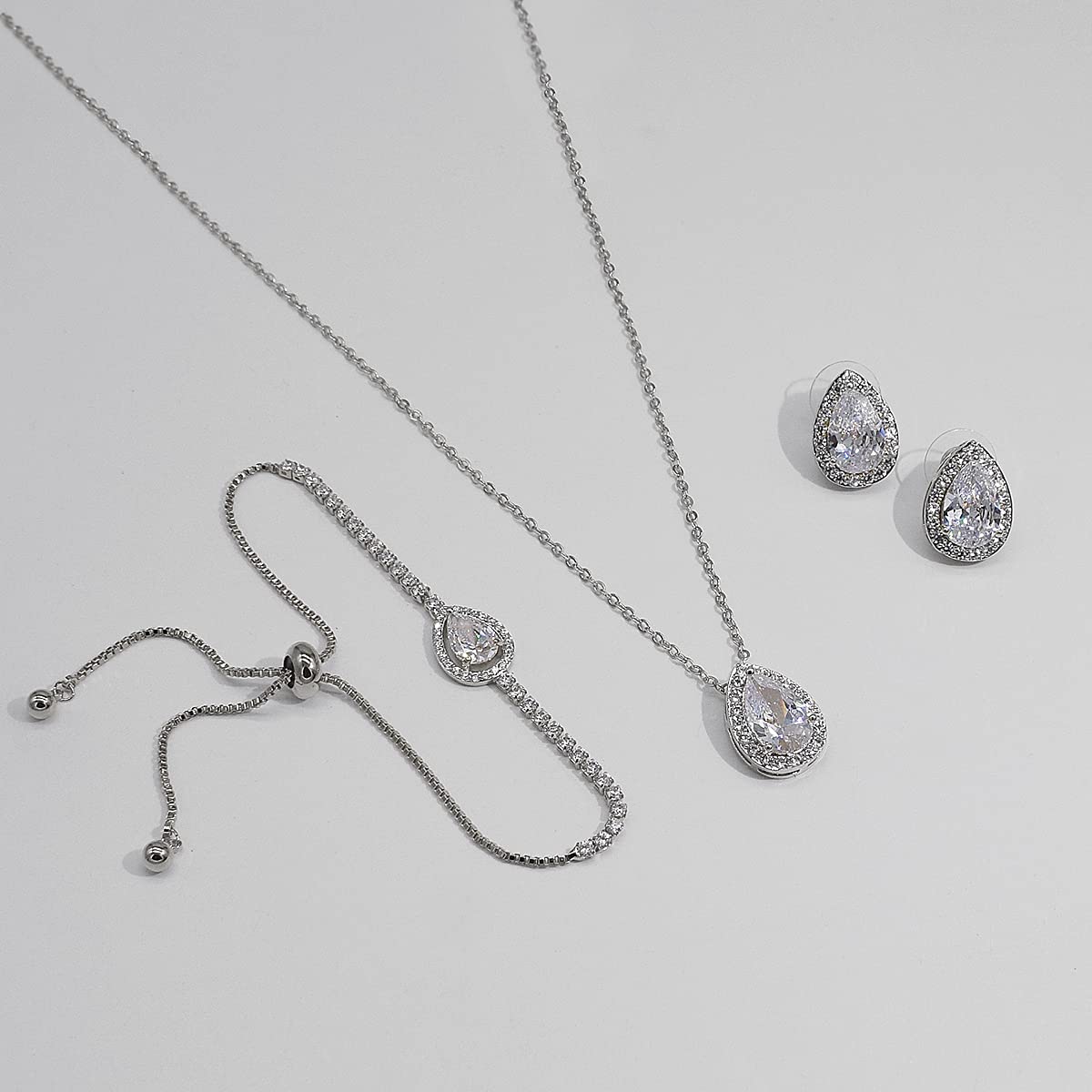 UDYLGOON Teardrop Cubic Zirconia Jewelry Set Necklace Earrings Bracelet Bridal Wedding Jewelry for Women Bridesmaid Prom Party (3 Set - White Gold Plated)